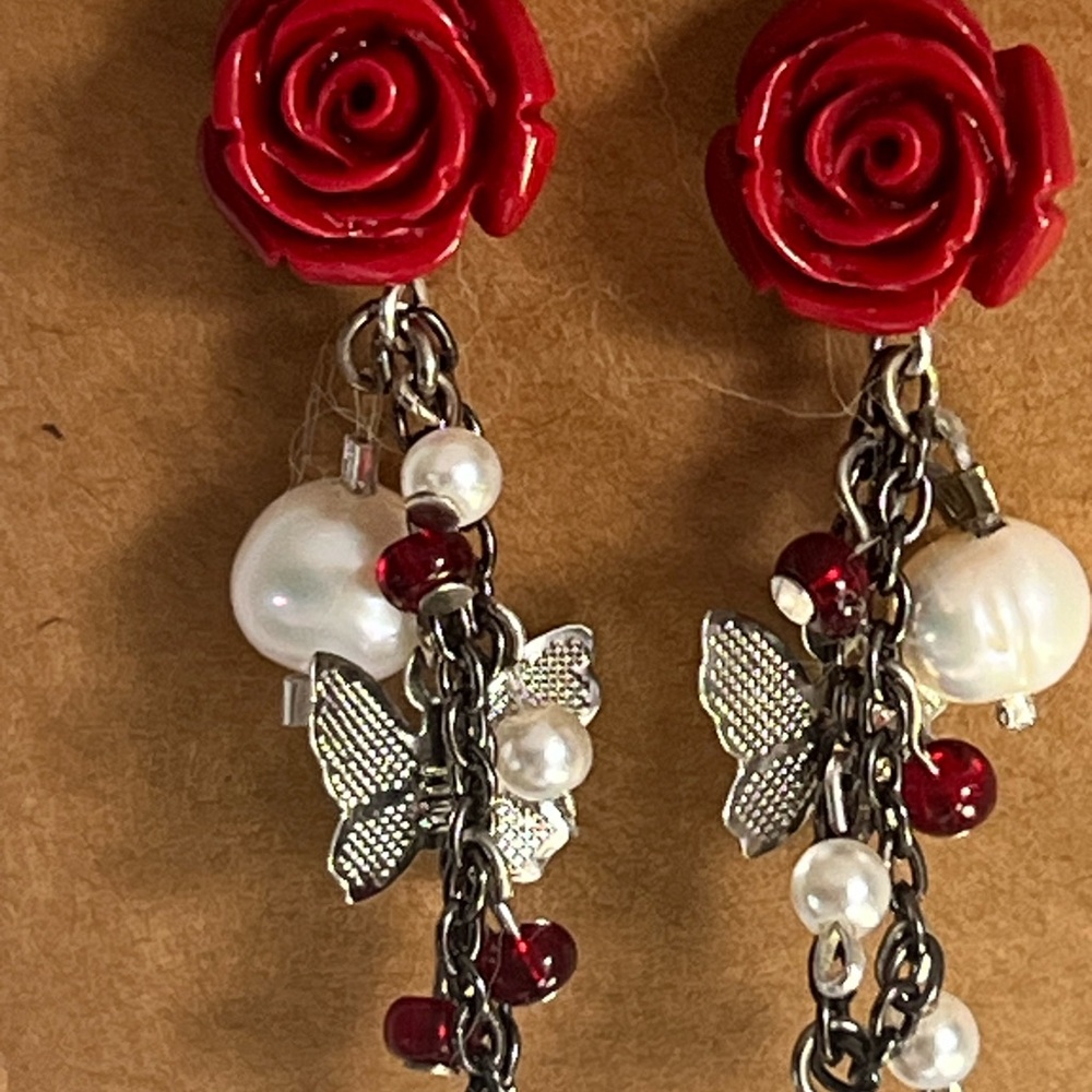 Elegant Red Rose, freshwater pearls& red garnet Silver Butterfly Earrings